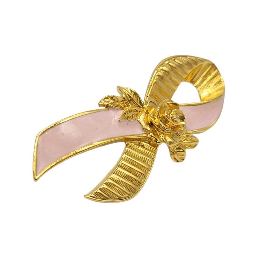 10/$50 Avon Gold & Pink Brooch Enamel Ribbon Cancer Awareness Lapel Pink Signed